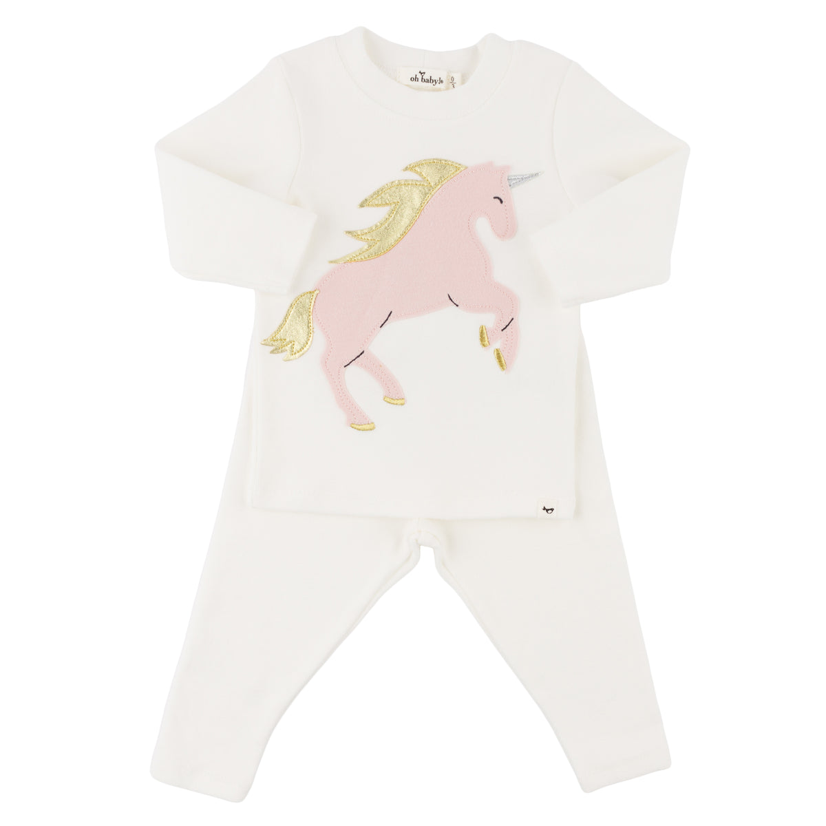 oh baby! Two Piece Set- Prancing Unicorn Applique - Cream