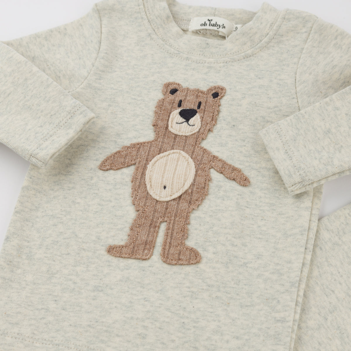 oh baby! Long Sleeve Two Piece Set - Shaggy Bear Applique - Oatmeal Heather - Close Up