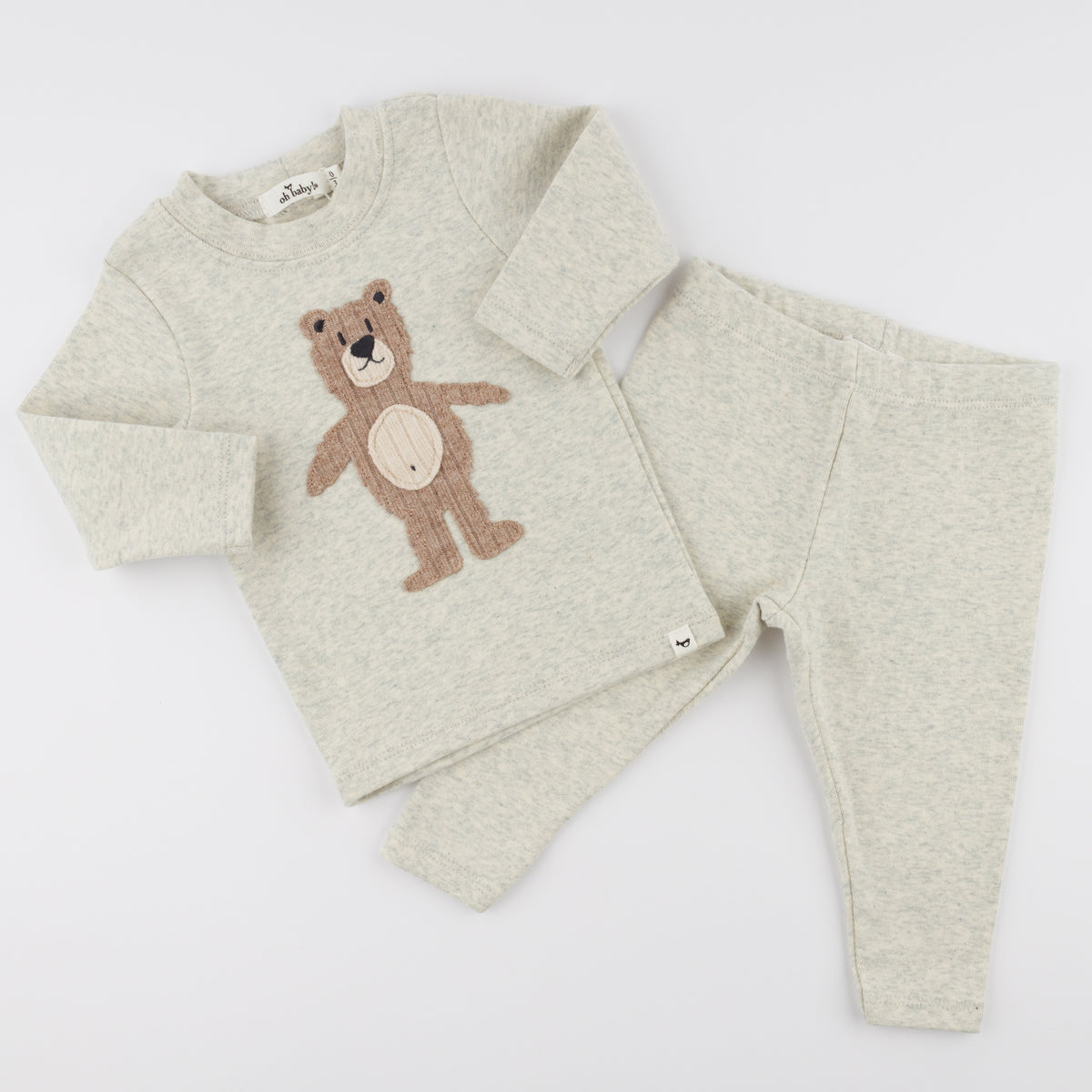 oh baby! Long Sleeve Two Piece Set - Shaggy Bear Applique - Oatmeal Heather - Flat Lay