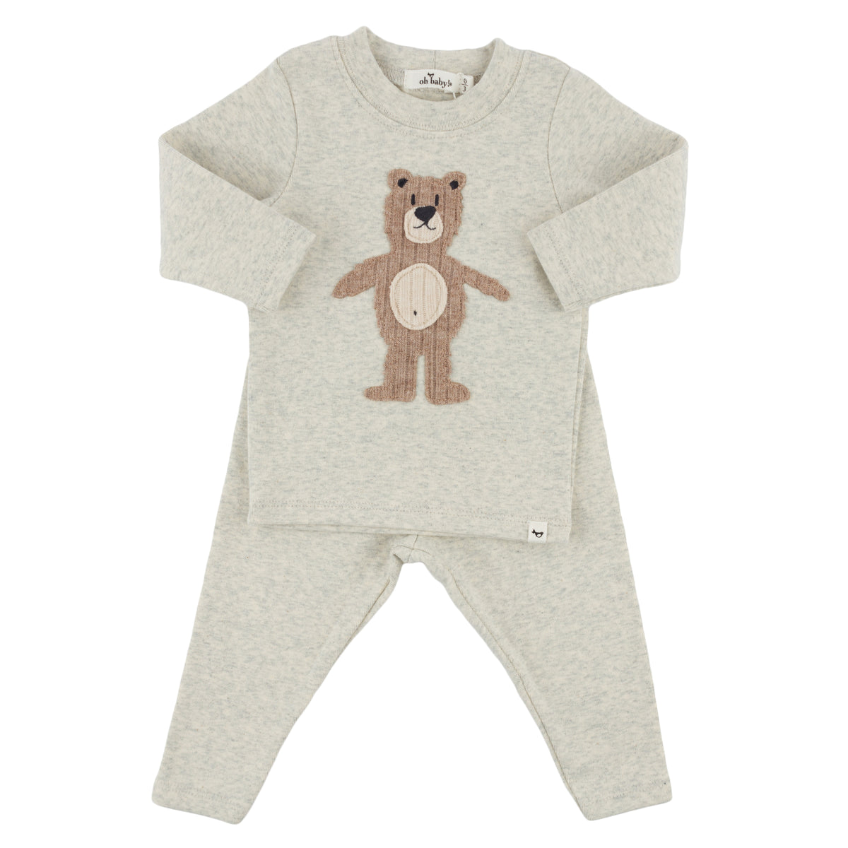 oh baby! Long Sleeve Two Piece Set - Shaggy Bear Applique - Oatmeal Heather