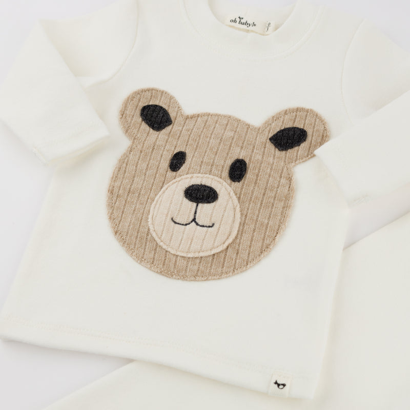 oh baby! Long Sleeve Two Piece Set - Round Teddy Bear Face - Cream - Close-Up