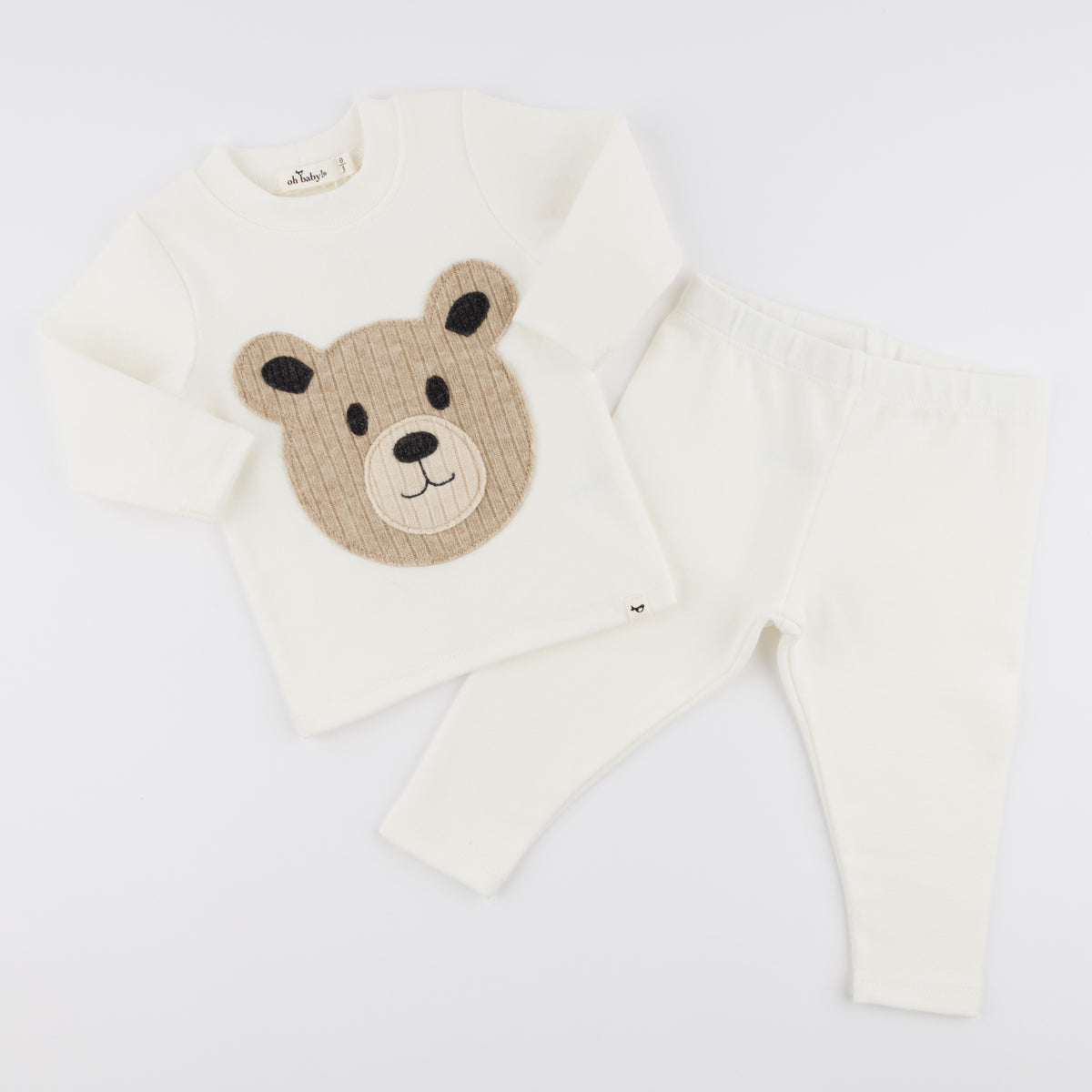 oh baby! Long Sleeve Two Piece Set - Round Teddy Bear Face - Cream - Flat Lay