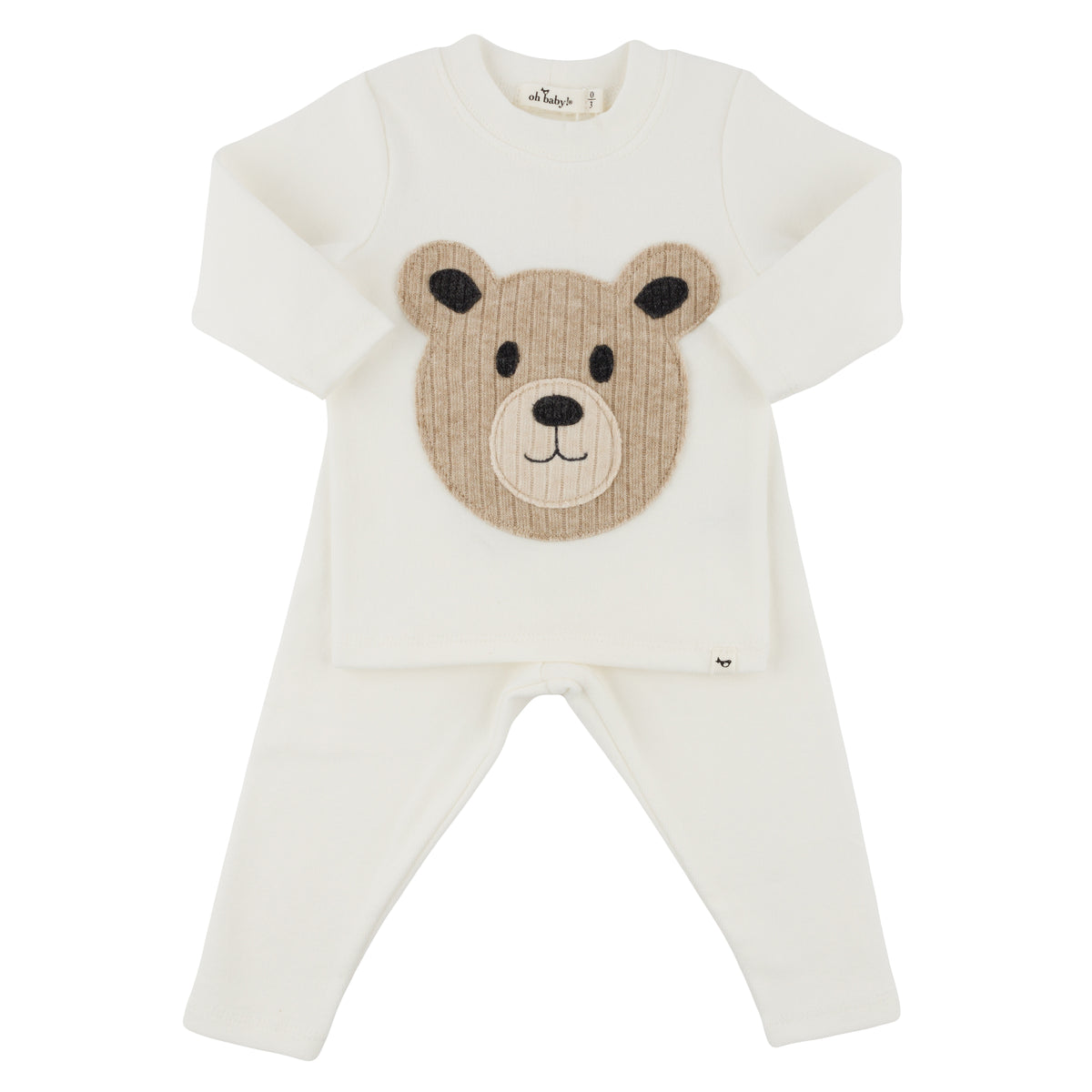 oh baby! Long Sleeve Two Piece Set - Round Teddy Bear Face - Cream