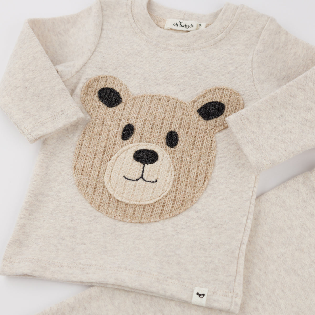 oh baby! Long Sleeve Two Piece Set - Round Teddy Bear Face - Malt - Close-Up