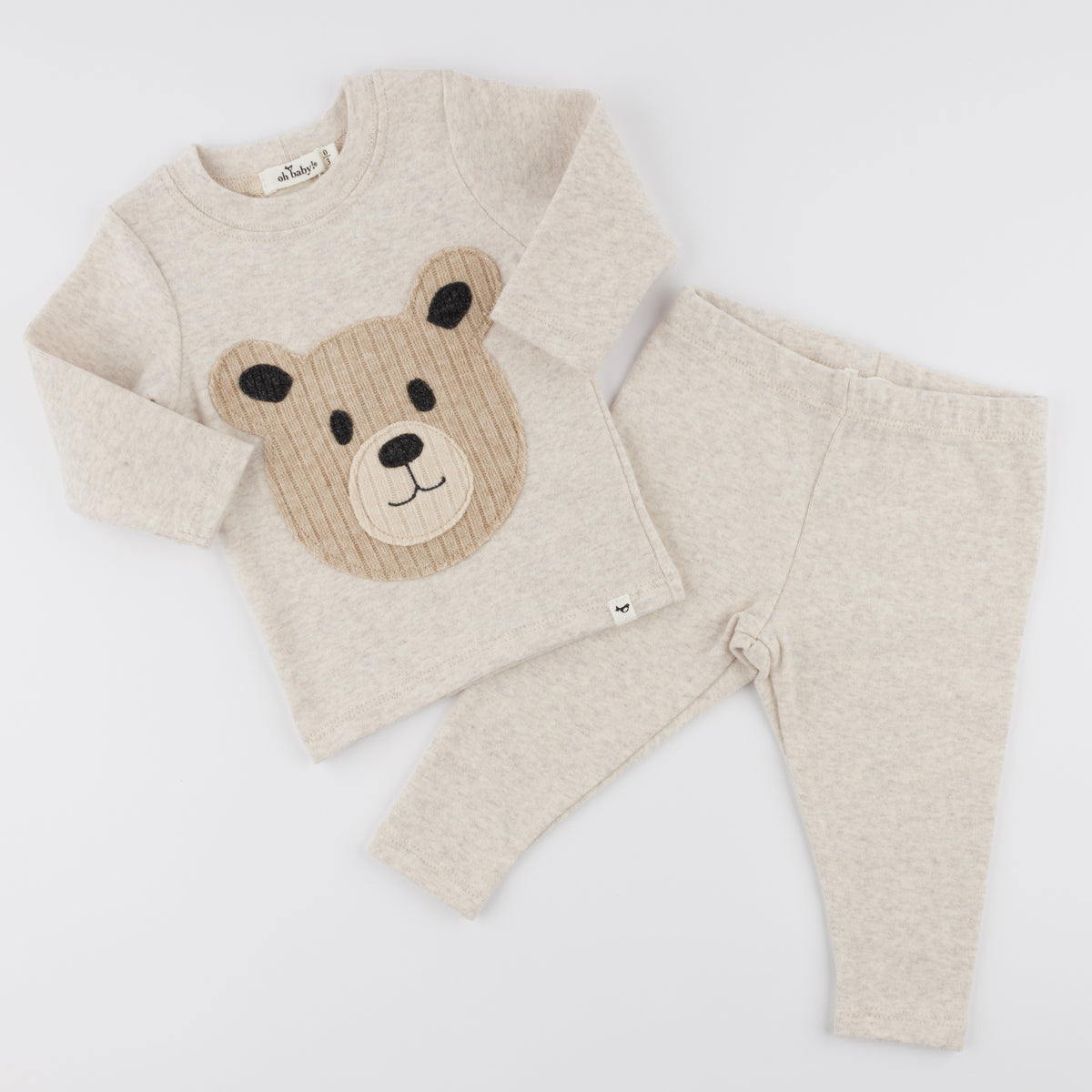 oh baby! Long Sleeve Two Piece Set - Round Teddy Bear Face - Malt - Flat Lay