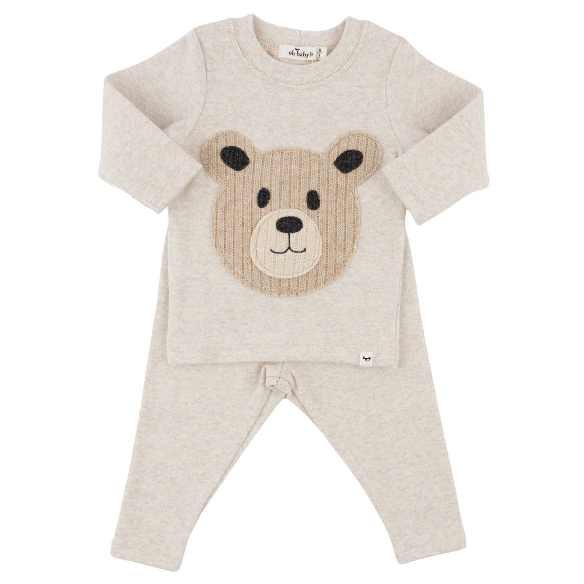 oh baby! Long Sleeve Two Piece Set - Round Teddy Bear Face - Malt