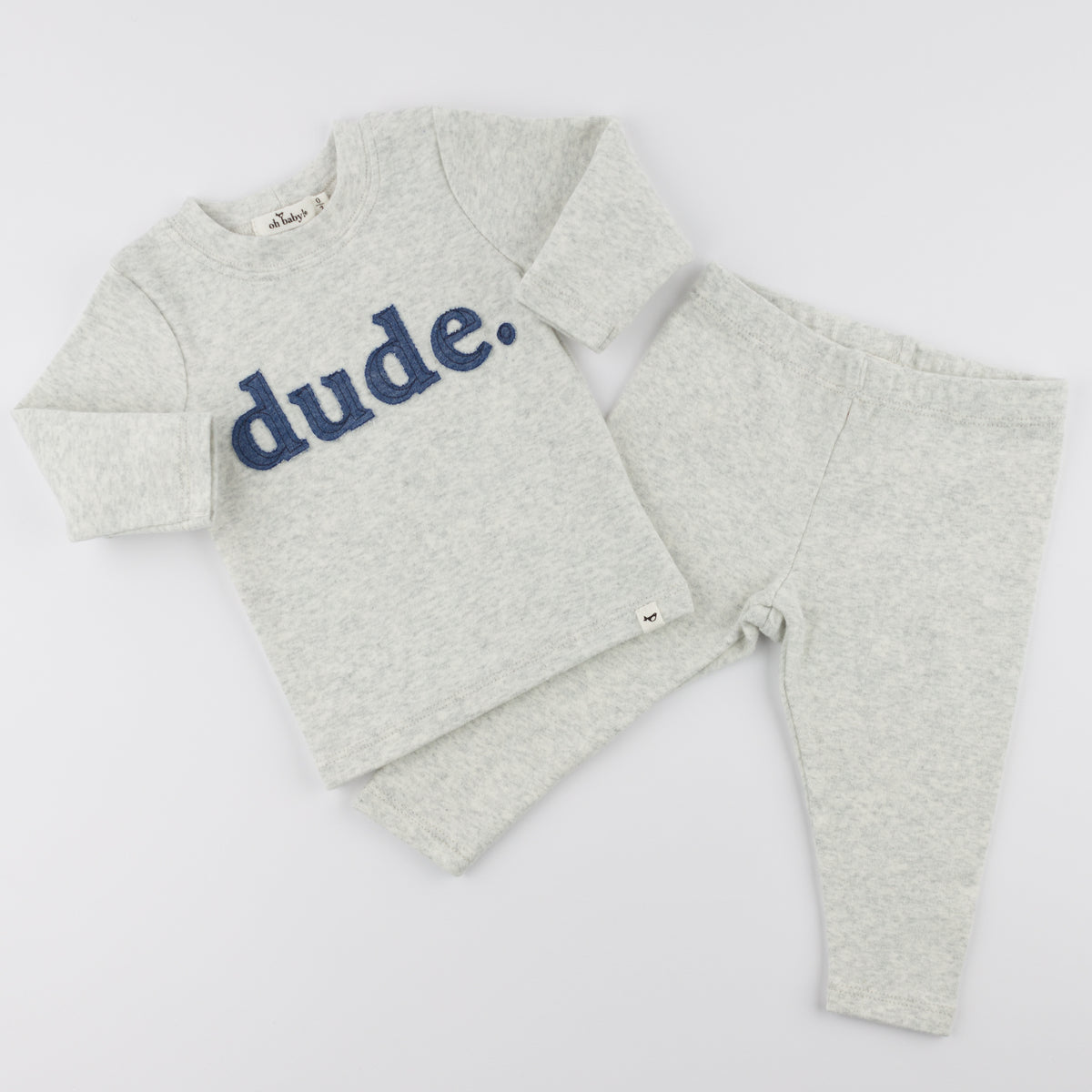 oh baby! Long Sleeve Two Piece Set Denim "dude" Applique  - Heather Gray - Flat Lay