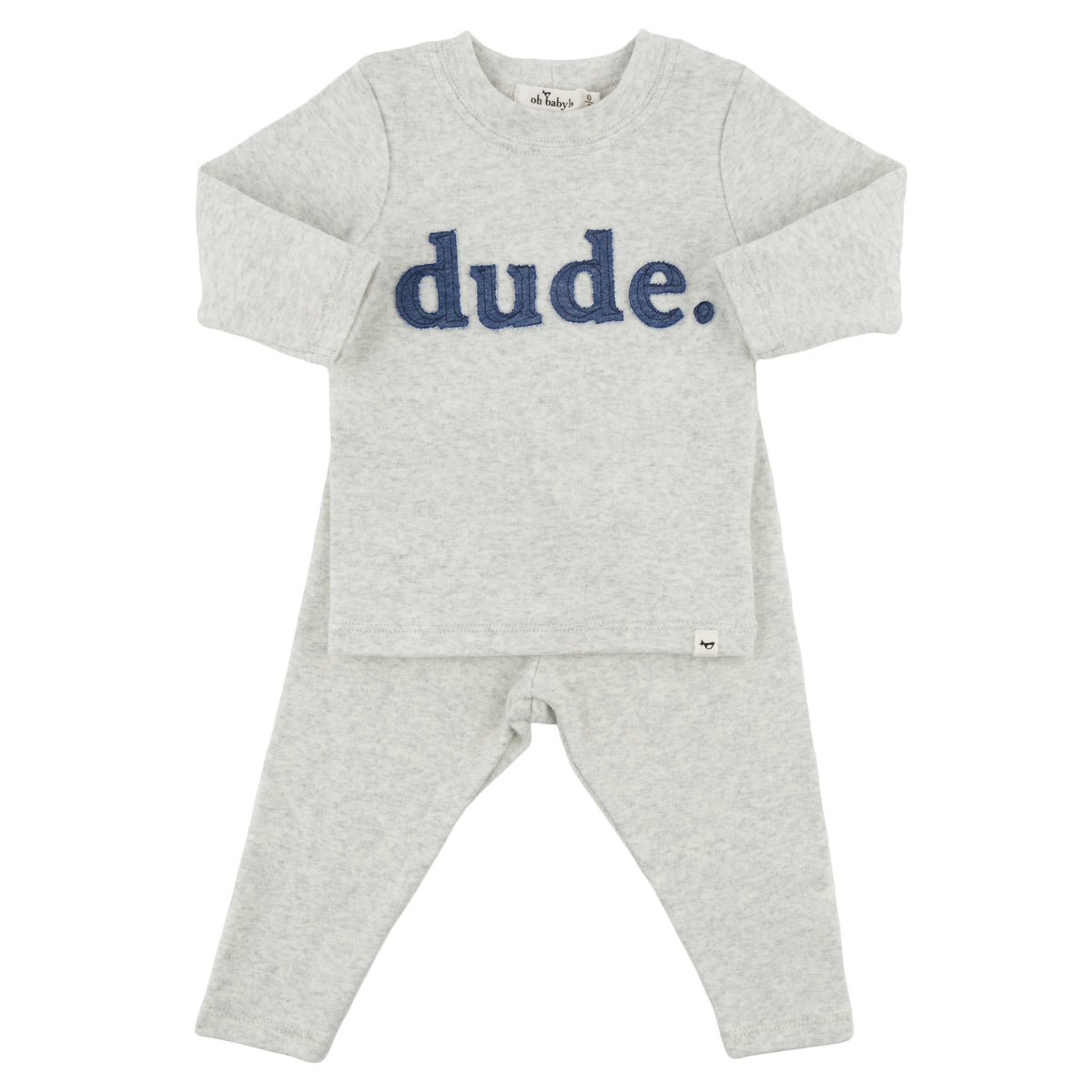 oh baby! Long Sleeve Two Piece Set Denim "dude" Applique  - Heather Gray