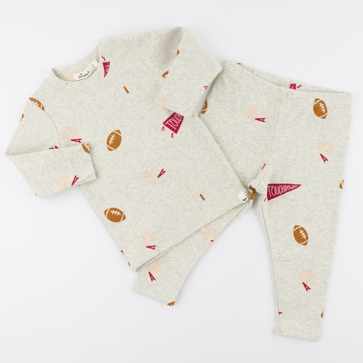 oh baby! Long Sleeve Two Piece Set - Football Print - Oatmeal Heather - Flat Lay