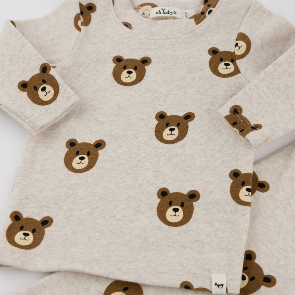 oh baby! Long Sleeve Two Piece Set - Teddy Bear Faces Print - Malt - Close-Up