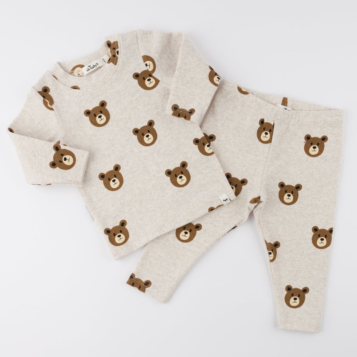 oh baby! Long Sleeve Two Piece Set - Teddy Bear Faces Print - Malt - Flat Lay