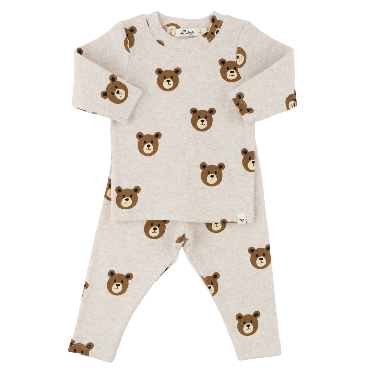 oh baby! Long Sleeve Two Piece Set - Teddy Bear Faces Print - Malt