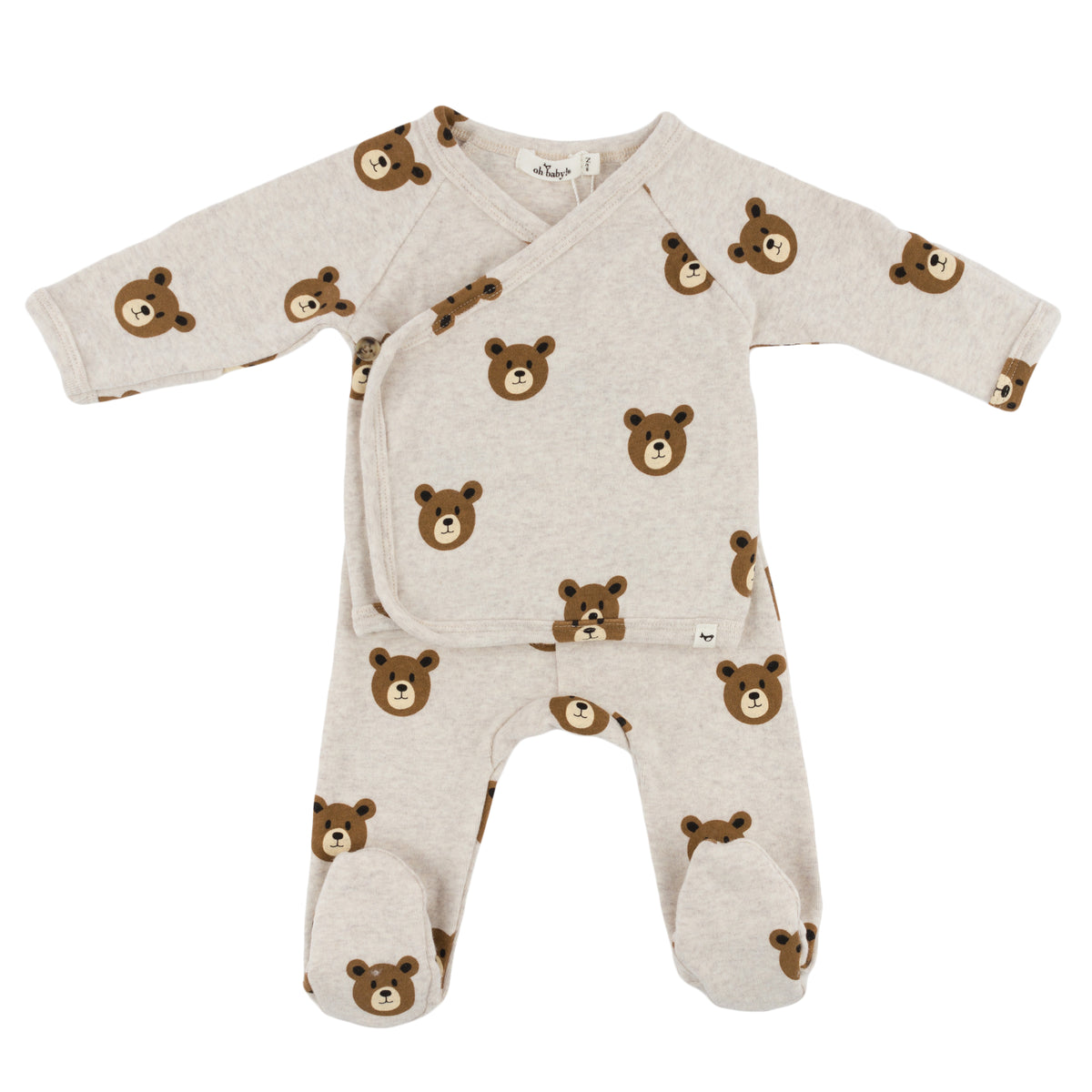 oh baby! Kimono Footie Set - Teddy Bear Face Print - Malt