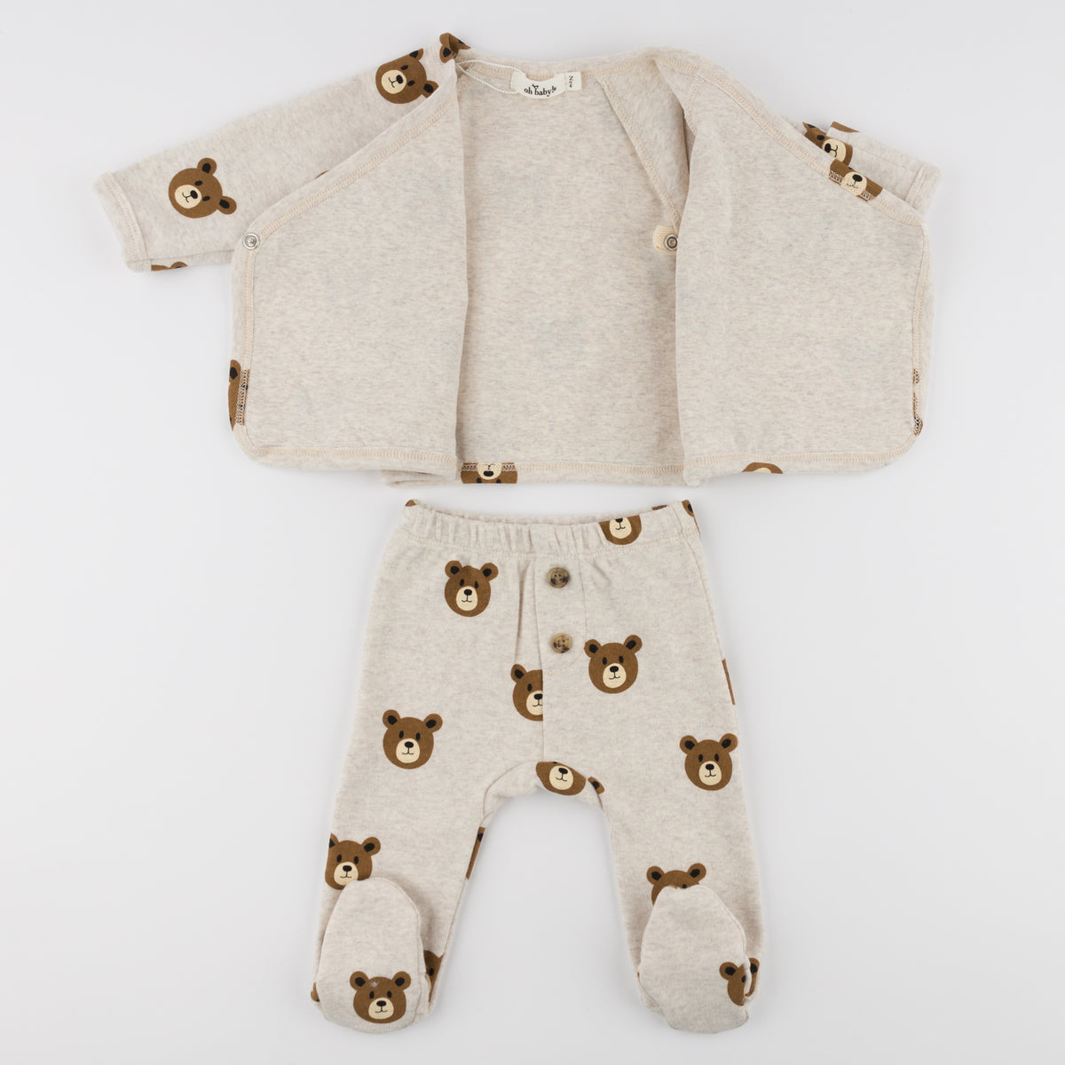 oh baby! Kimono Footie Set - Teddy Bear Face Print - Malt - Kimono