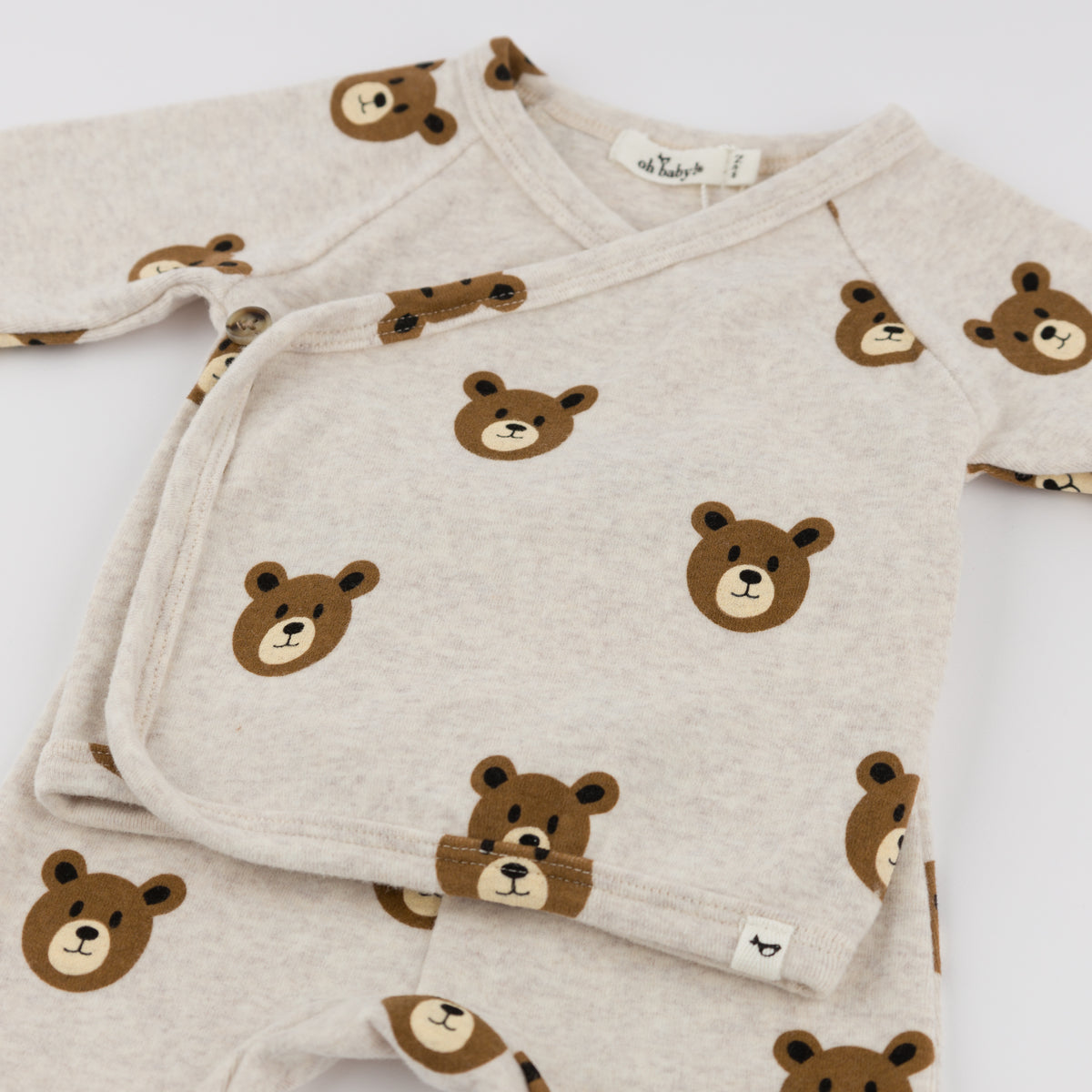 oh baby! Kimono Footie Set - Teddy Bear Face Print - Malt - Close-Up