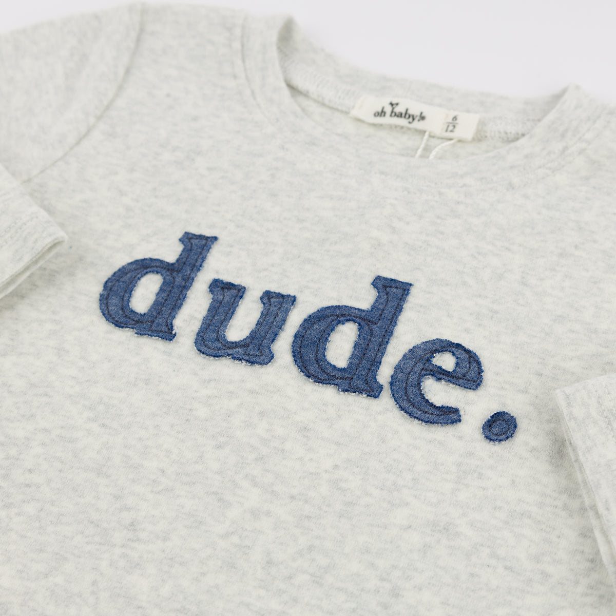 oh baby!  Raw Edge Long Sleeve Tee - Denim "dude" Applique 