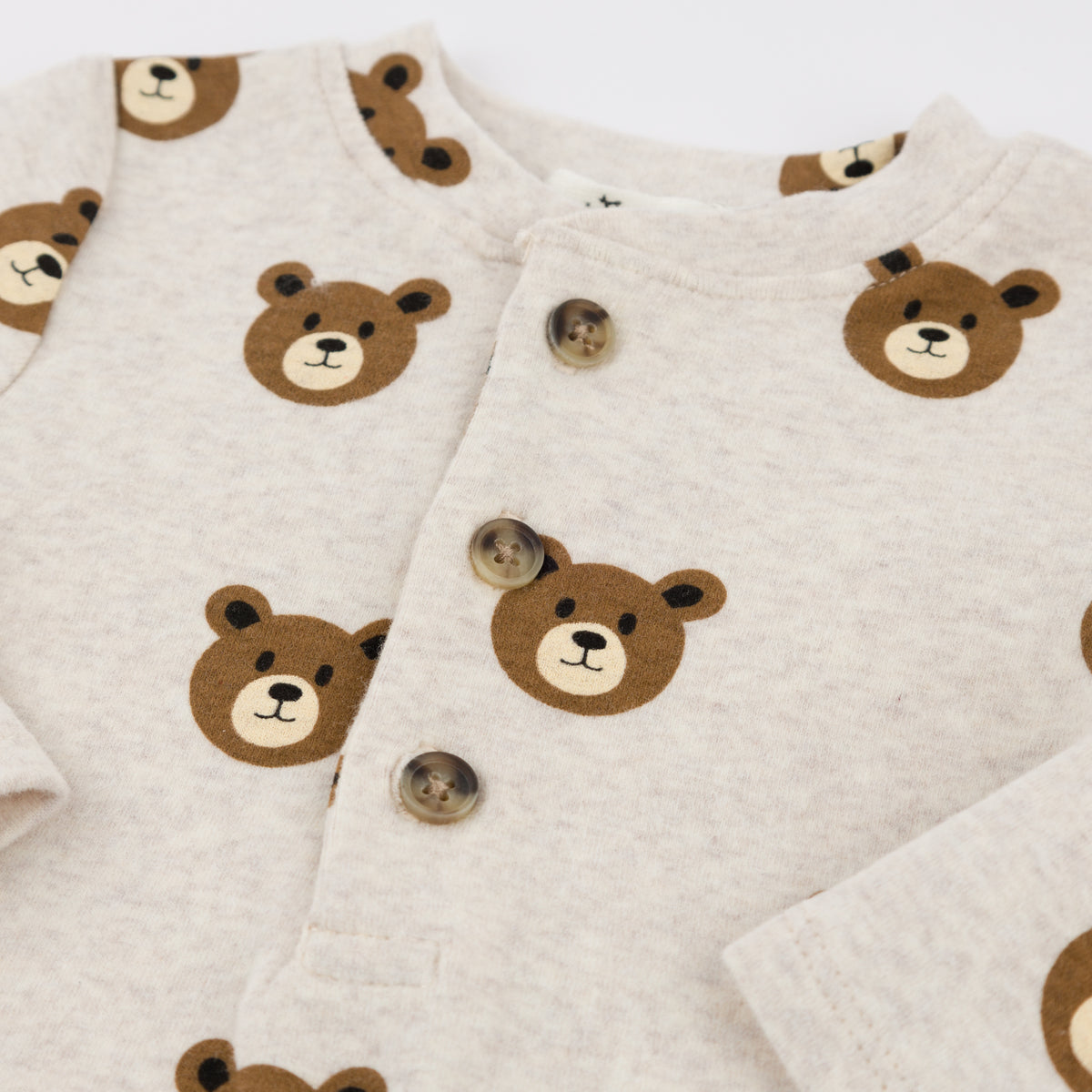 oh baby! Long Sleeve Elbow Patch Henley Tee - Brown Bear Faces Print - Malt