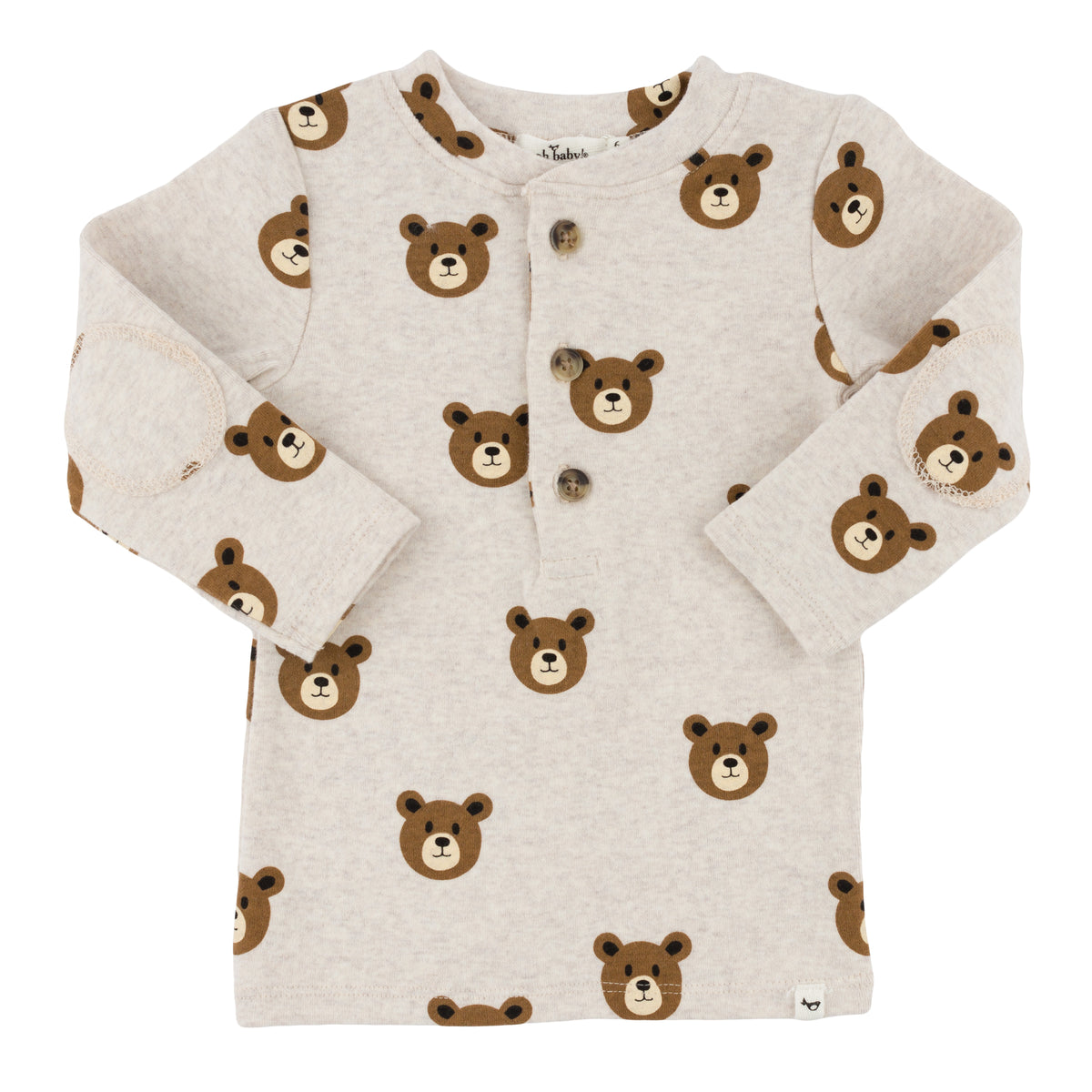 oh baby! Long Sleeve Elbow Patch Henley Tee - Brown Bear Faces Print - Malt