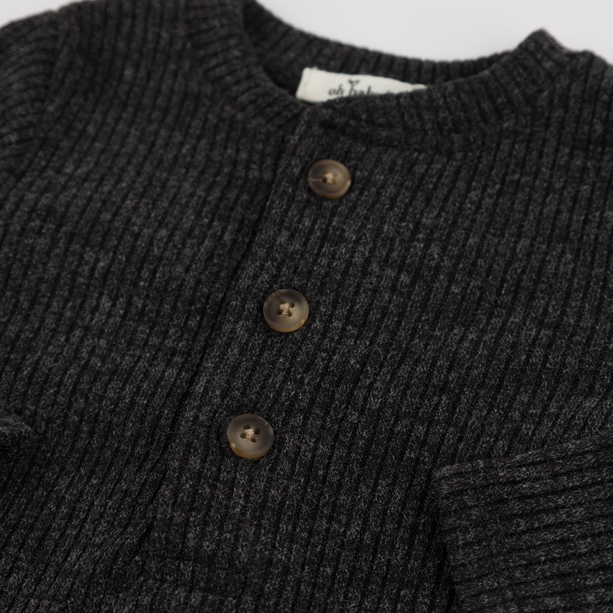 oh baby! Wide Rib Fuzzy Sweater Knit Elbow Patch Henley - Charcoal Pepper - Buttons