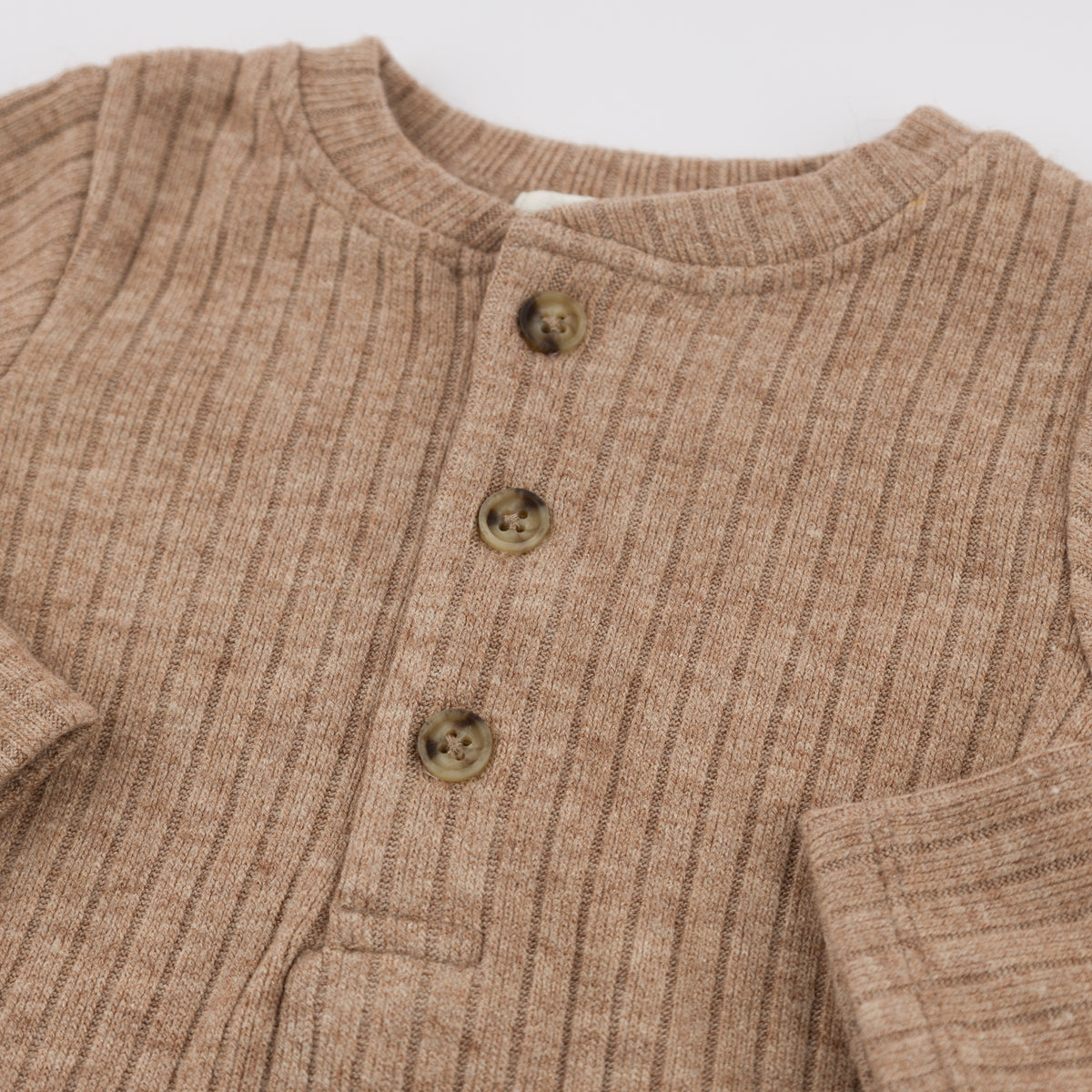 oh baby! Wide Rib Fuzzy Sweater Knit Elbow Patch Henley - Mushroom Heather - Buttons