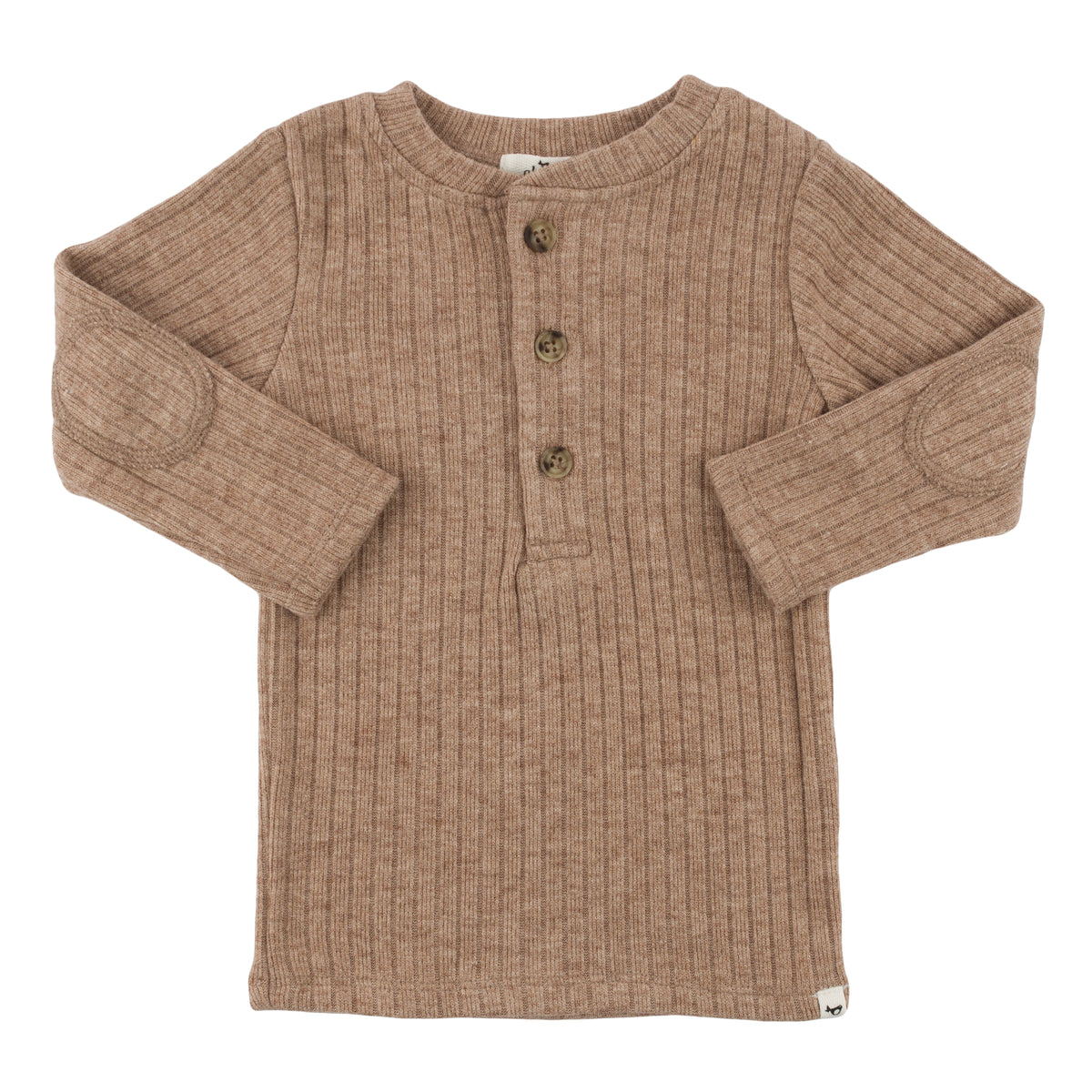 oh baby! Wide Rib Fuzzy Sweater Knit Elbow Patch Henley - Mushroom Heather