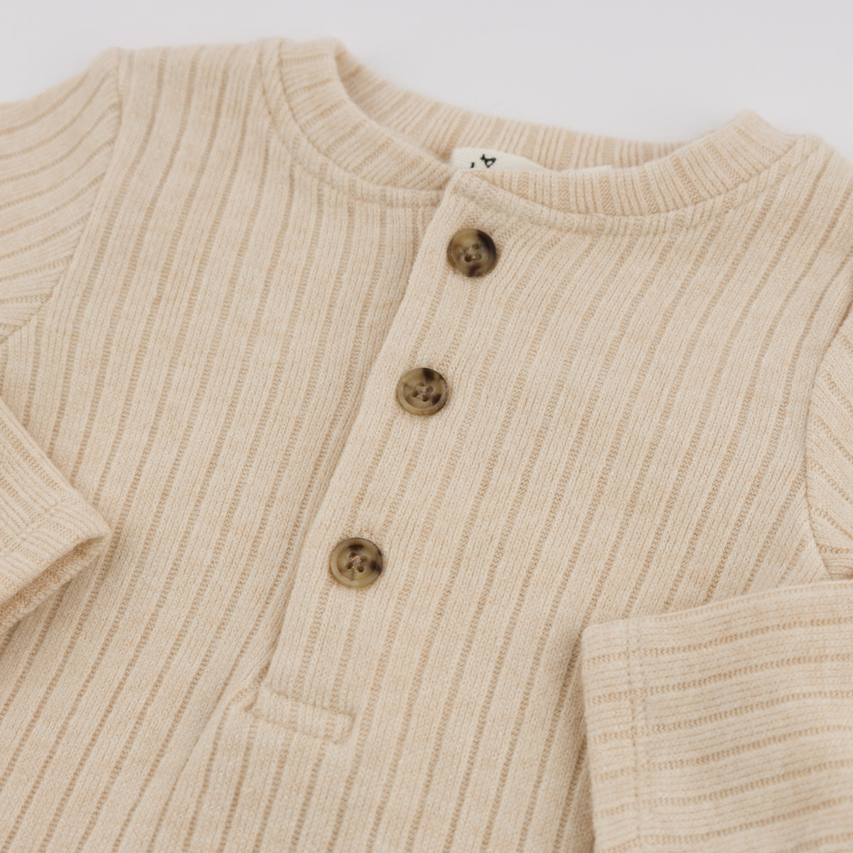 oh baby! Wide Rib Fuzzy Sweater Knit Elbow Patch Henley - Natural - Buttons