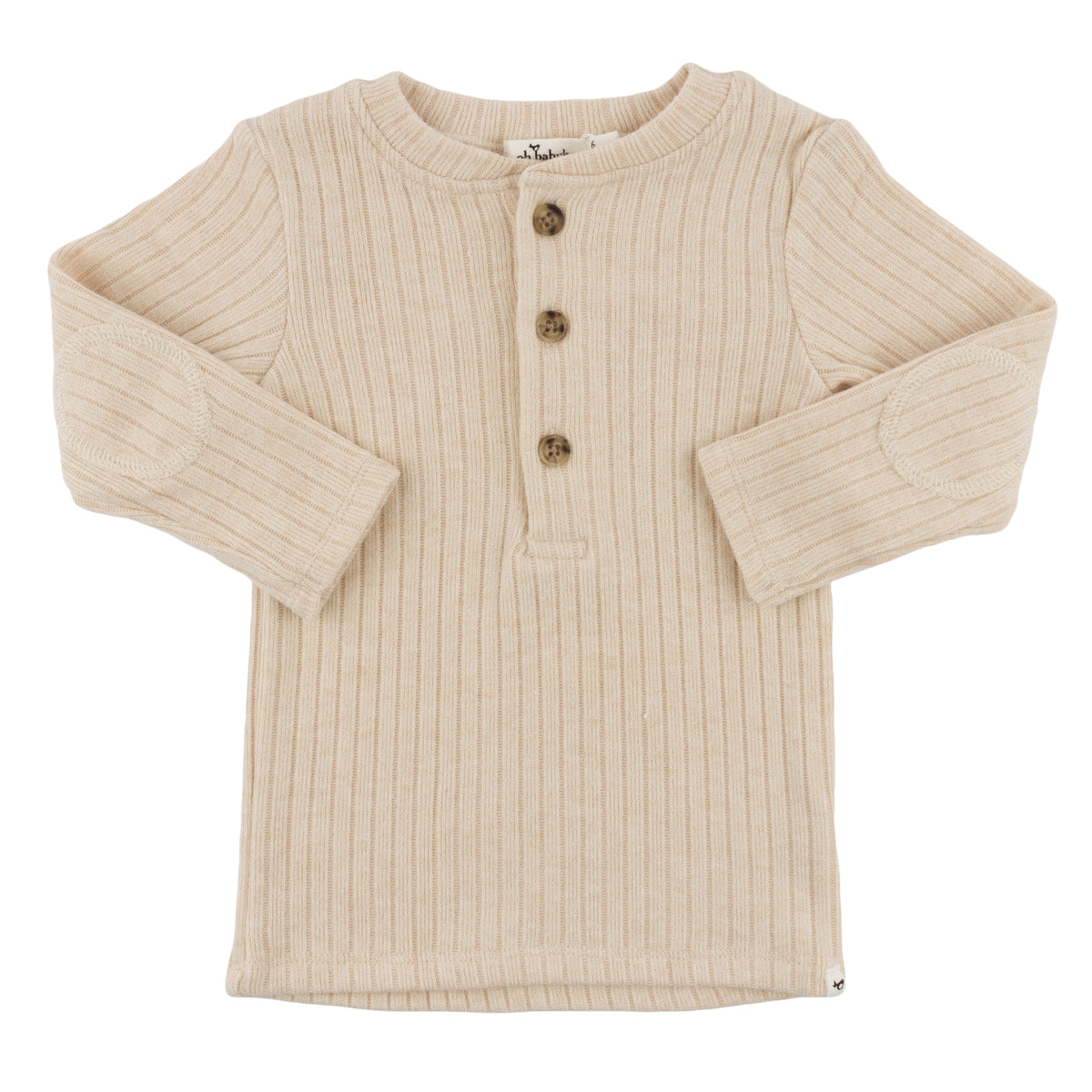 oh baby! Wide Rib Fuzzy Sweater Knit Elbow Patch Henley - Natural