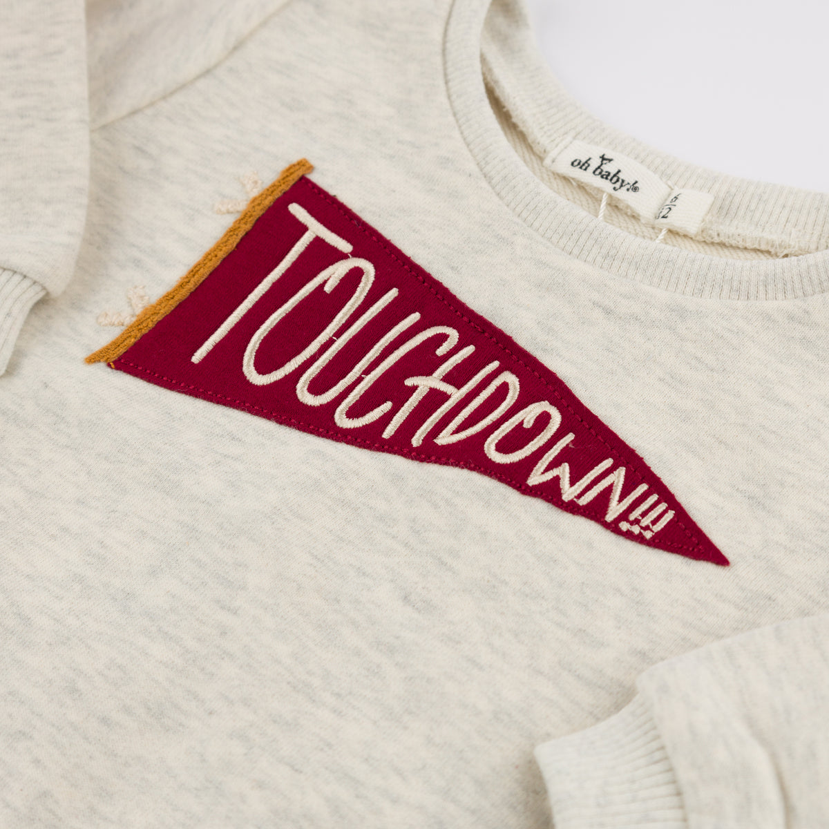 oh baby! Brooklyn Boxy Sweatshirt - Football Touchdown Pennant Patch  - Oatmeal Heather - Close