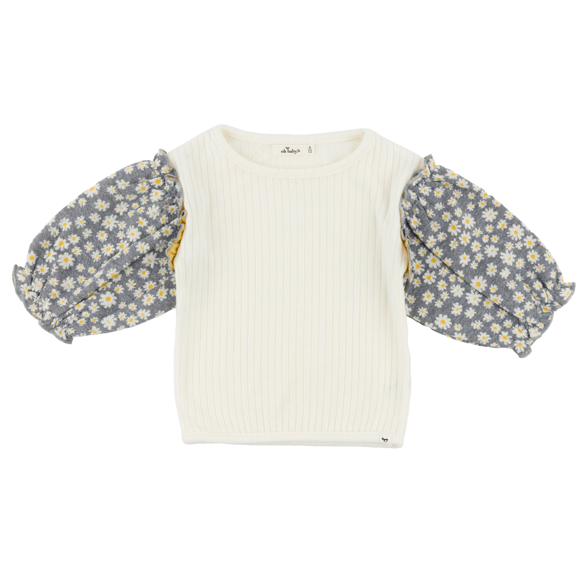 oh baby! Nellie Sweaterknit Blouse - Pucker Mini Daisies Print Puff Sleeves - Heather Gray