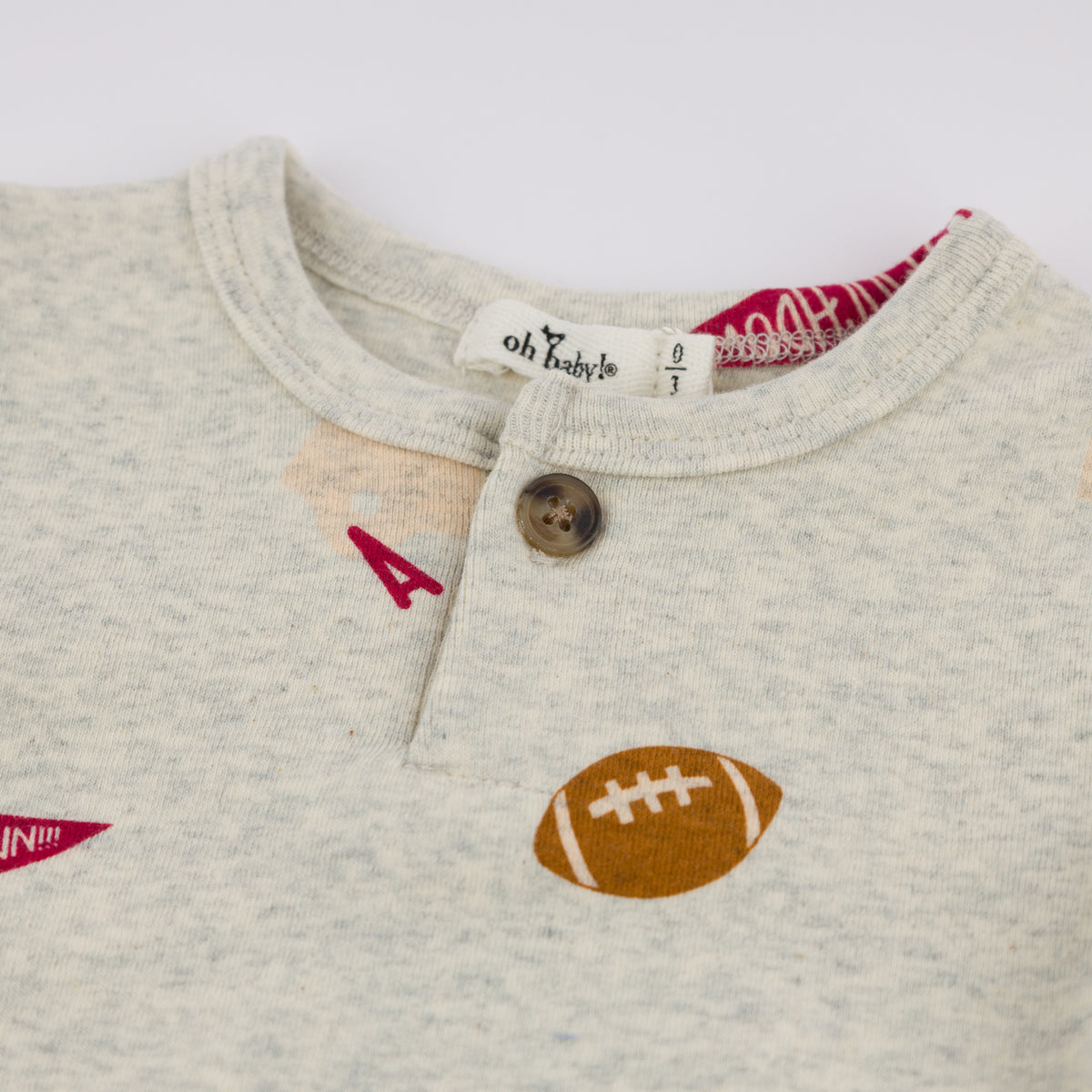 oh baby! One Button Romper Football Print - Oatmeal Heather - Button