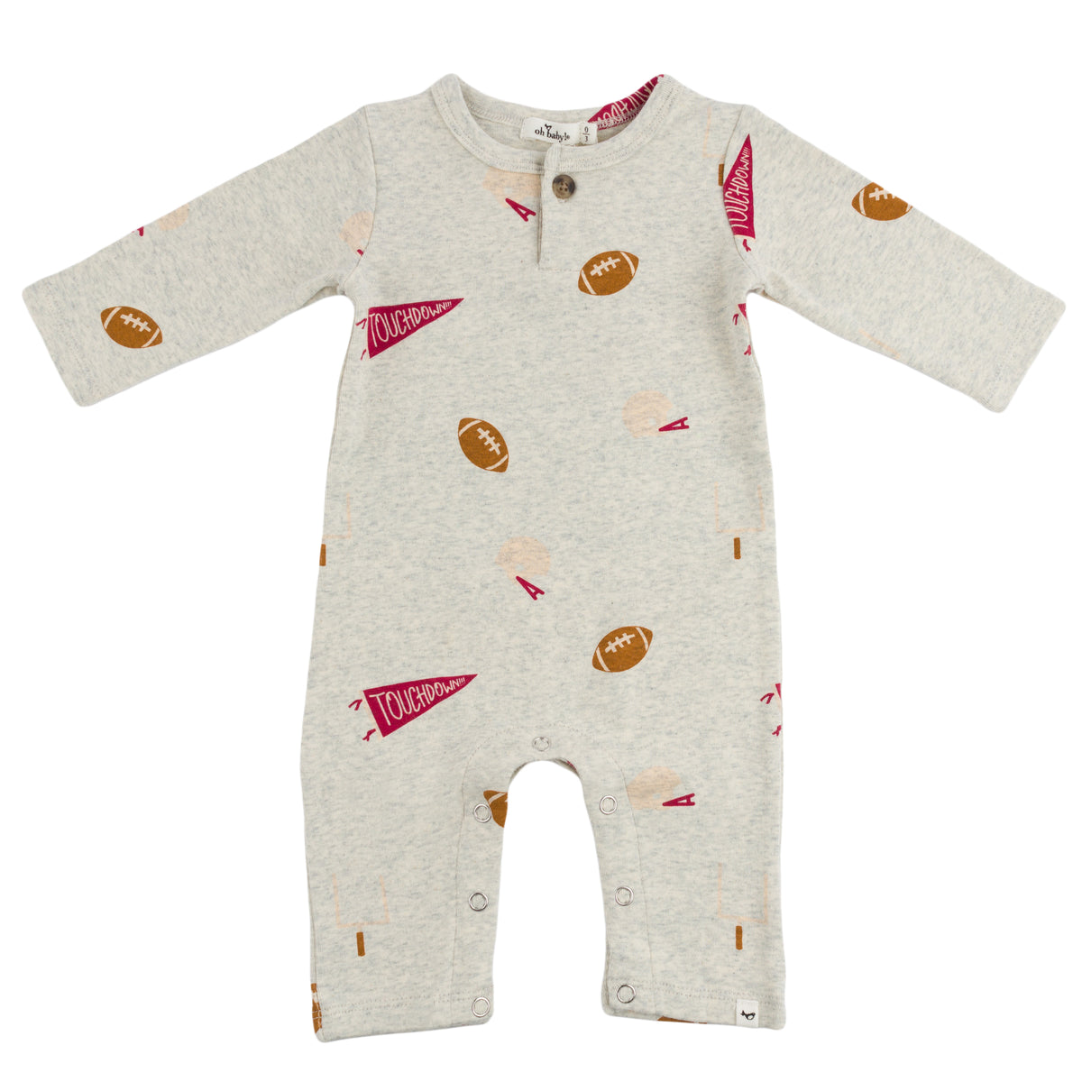 oh baby! One Button Romper Football Print - Oatmeal Heather