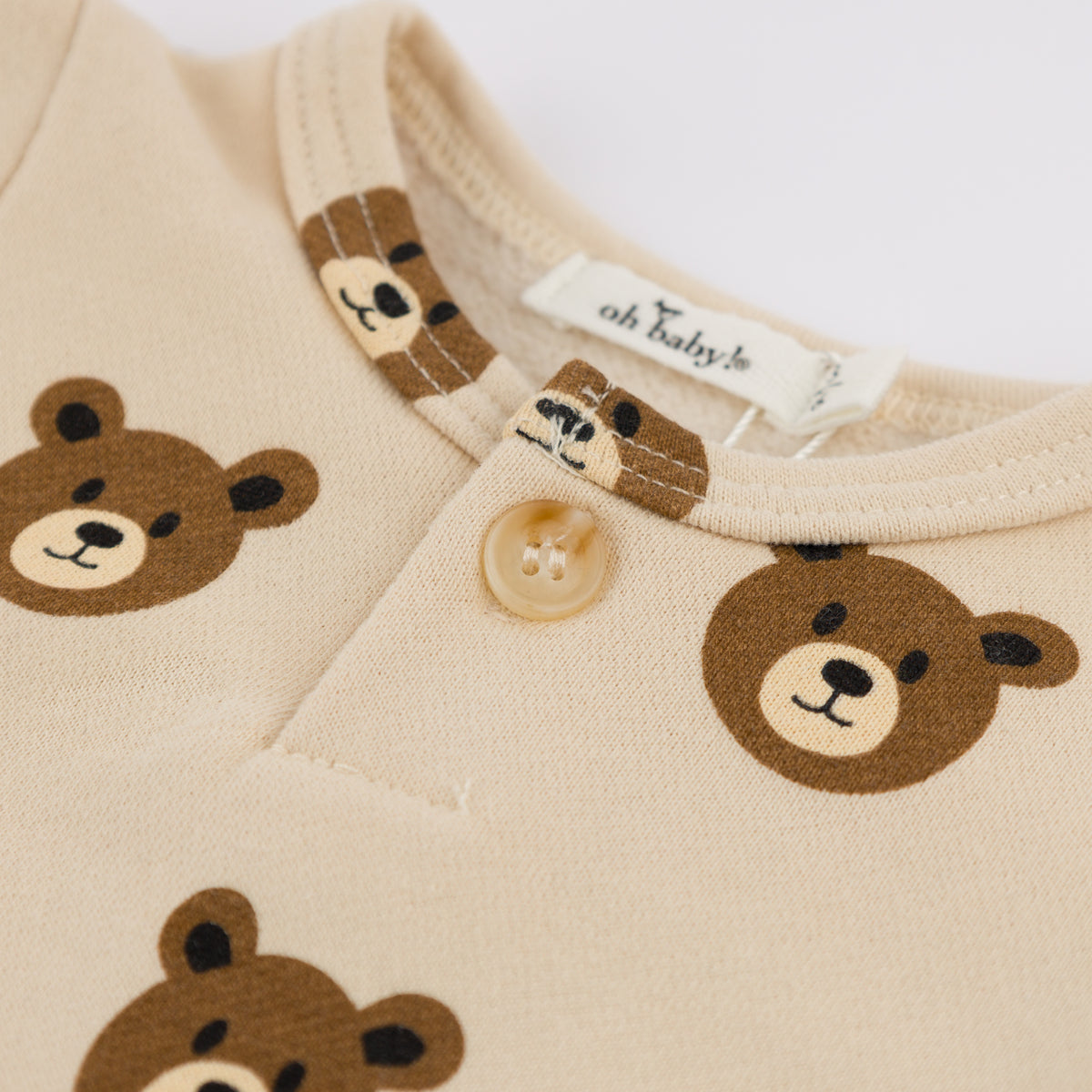 oh baby! One Button Romper French Terry - Teddy Bear Face Print - Biscotti