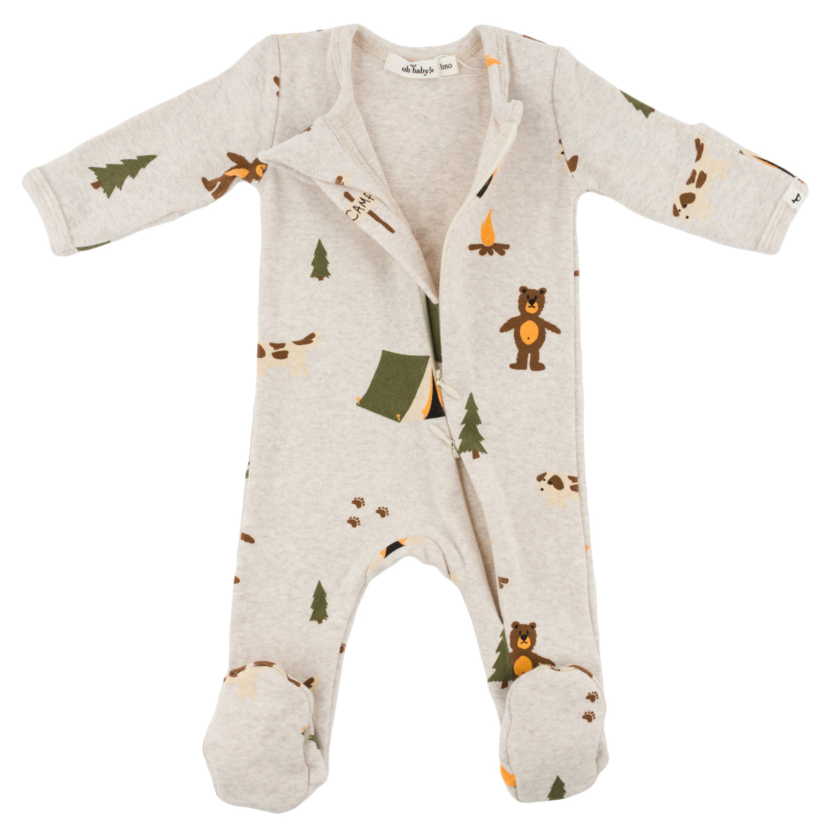 oh baby! Cotton Zipper Footie - Camping Print - Malt