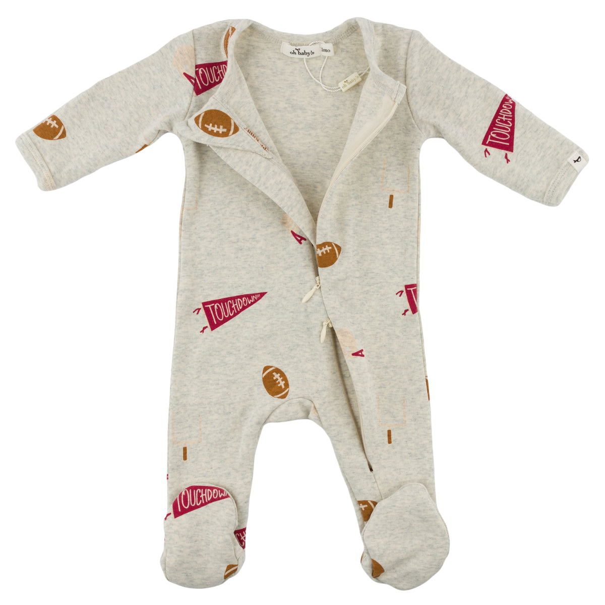 oh baby! Cotton Zipper Footie - Football Print - Oatmeal Heather - Zipper