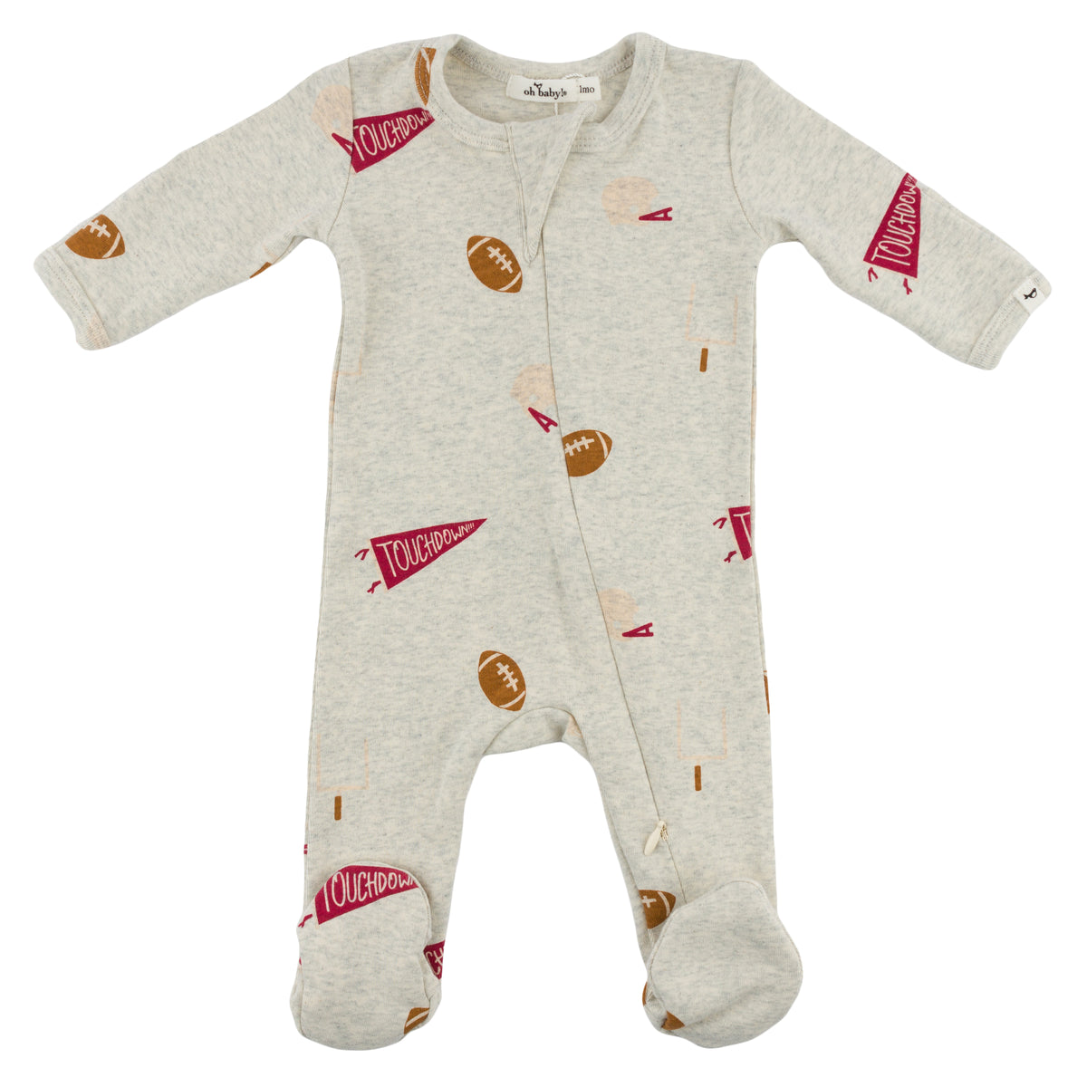 oh baby! Cotton Zipper Footie - Football Print - Oatmeal Heather