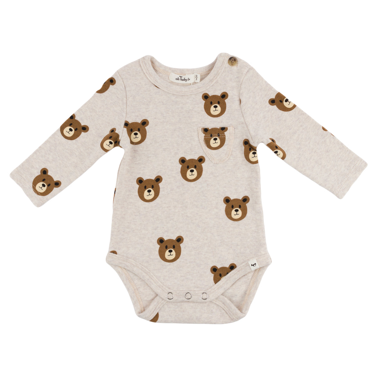 oh baby! Pocket Onesie Teddy Bear Face Print - Malt